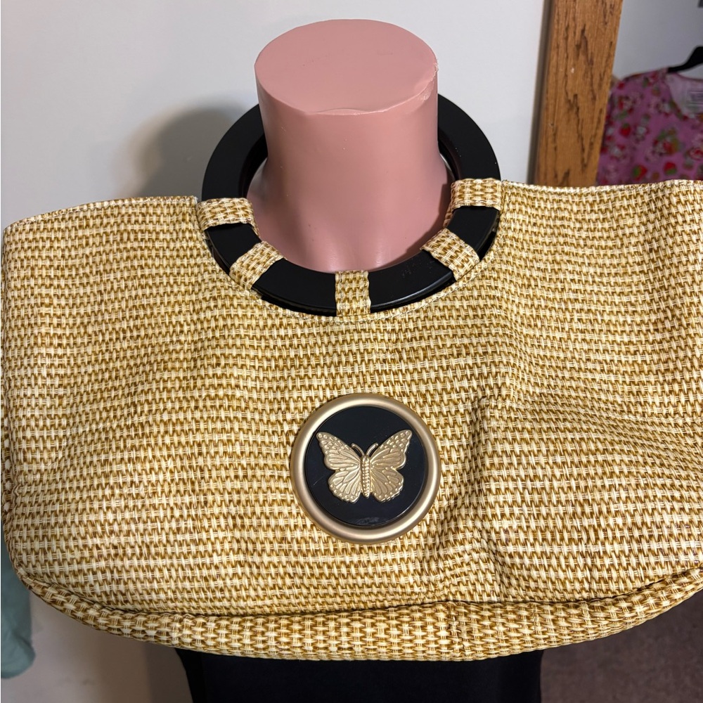 Braciano straw handbag summer purse gold wood handle Butterfly medallion bag NWT
